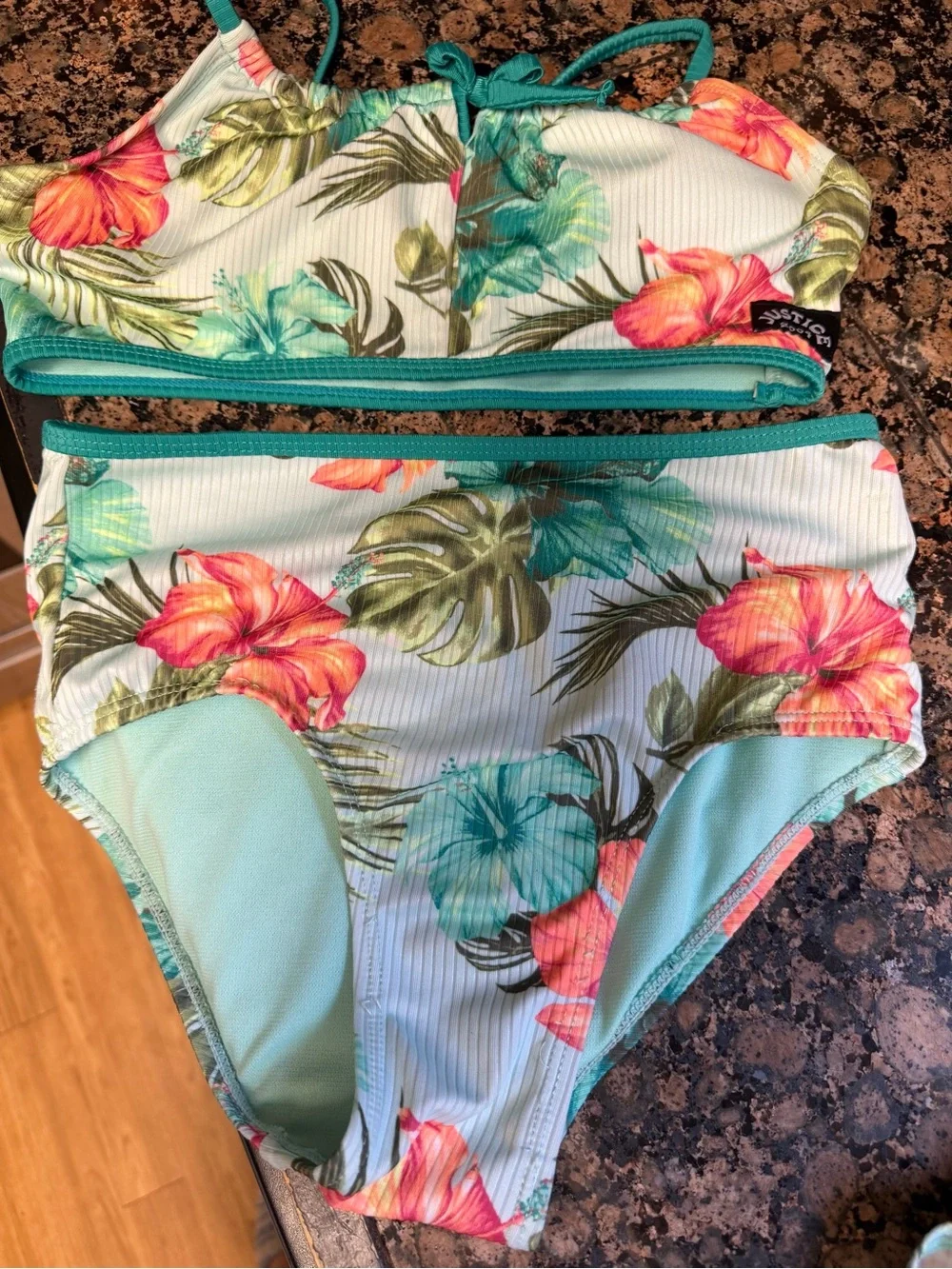 Tropical Floral High-Waist Bikini Set - Teal Trim with Matching Skirt — Girls